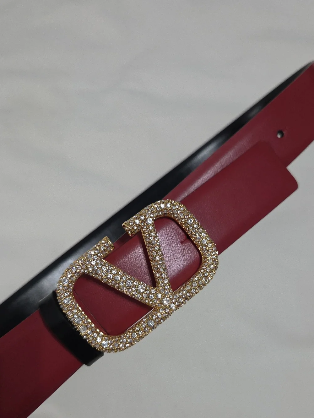 Valentino Garavani Red Black Belt with Gold Crystal Buckle
